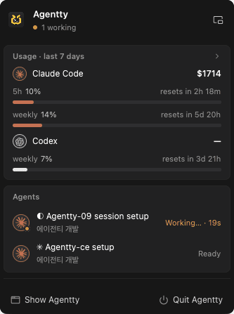 Menu bar menu with weekly usage and running agents