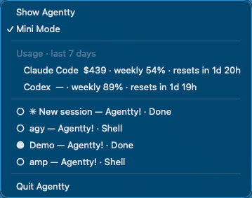 Menu bar menu with weekly usage and running agents