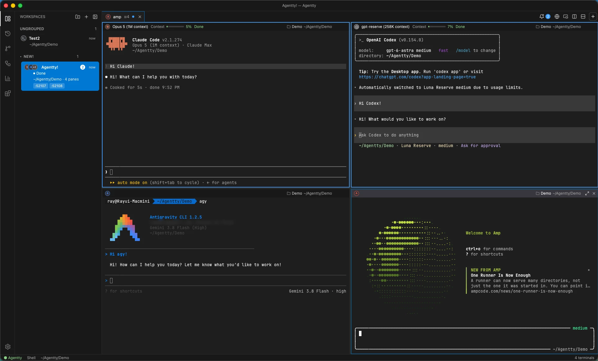 Agentty running Claude Code, Codex, Antigravity CLI and Amp in four split panes